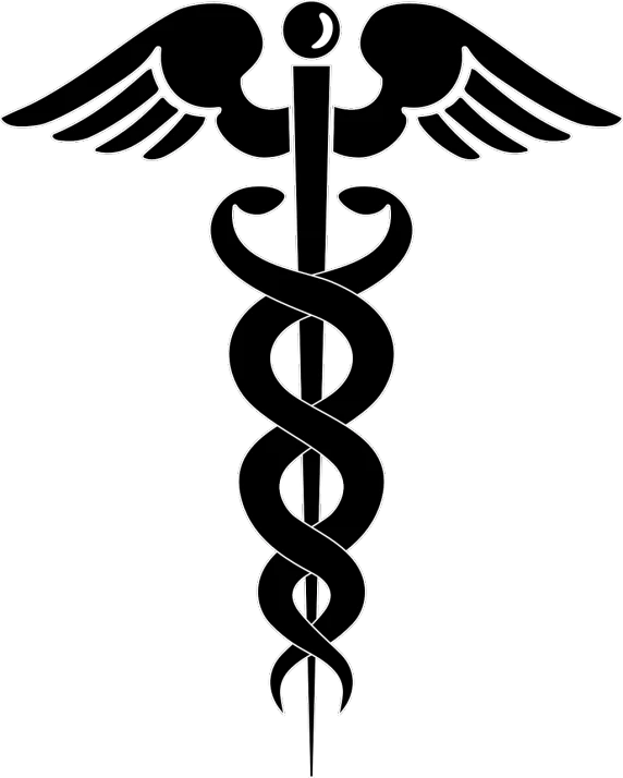 a white cadus symbol on a black background, a tattoo, by Andrei Kolkoutine, deviantart, hurufiyya, medical diagram, nurse, serpent, ( ( dithered ) )