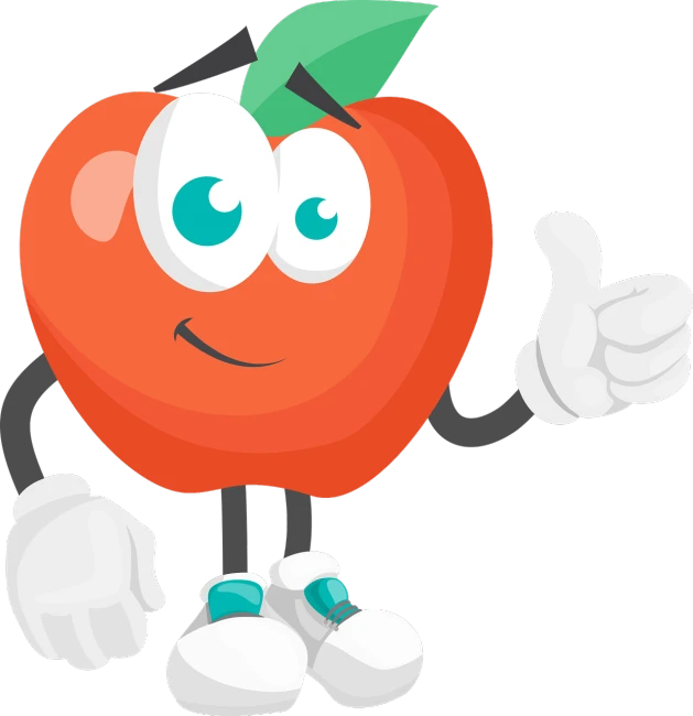 a cartoon apple giving a thumbs up, a digital rendering, pixabay, figuration libre, forest gump tomato body, orange body, high school mascot, closeup!!!!!!