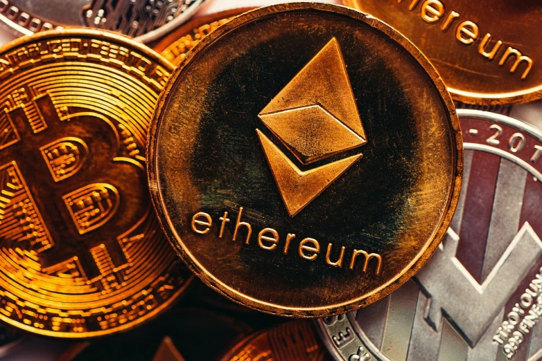a pile of bitcoins sitting on top of each other, altermodern, ethereum!!!! logo, rich in texture ), ecktochrome, 1/100 sec