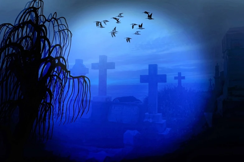 a group of birds flying over a cemetery, digital art, pixabay contest winner, gothic art, blue fog, cross composition, blue and black color scheme)), swampy atmosphere