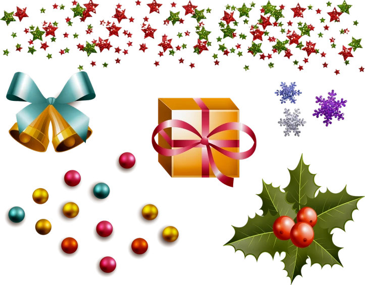 a bunch of christmas decorations on a black background, by Carol Sutton, digital art, psd spritesheet, giving gifts to people, bows, sleet