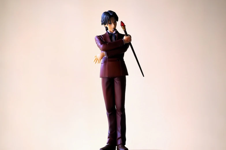 a figurine of a man in a suit holding a cane, a statue, inspired by Munakata Shikō, full body photogenic shot, ikuto yamashita, fencer, phoenix wright