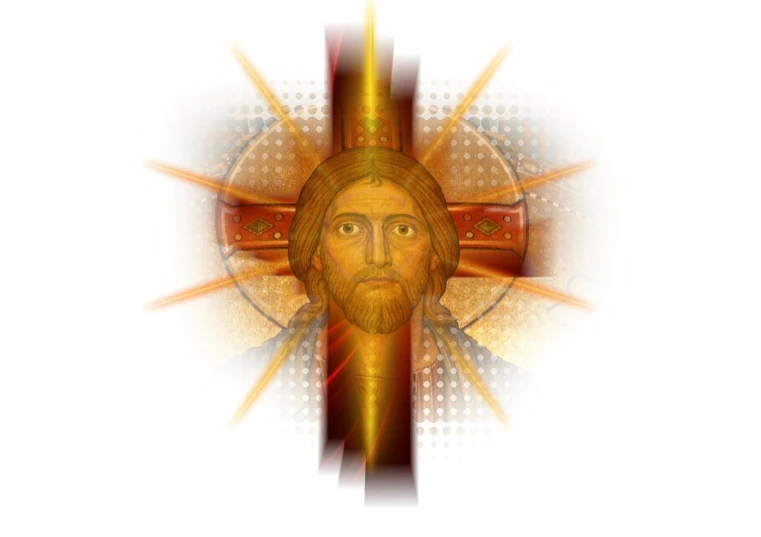 a cross with a face of jesus on it, a digital rendering, by Aleksander Gierymski, art deco, soft illumination, orthodox icons, selk ´ nam god of the sun, painted