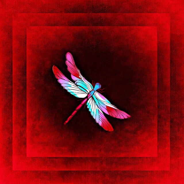 a close up of a dragonfly on a red background, digital art, digital art, lying on an abstract, rectilinear vaporwave, harmony of butterfly, centered in a frame