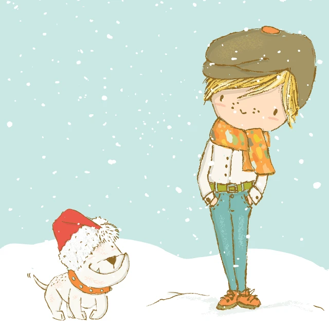 a drawing of a boy and a dog in the snow, shutterstock, accurate illustration, cartoon style illustration, blond, wearing a cute hat