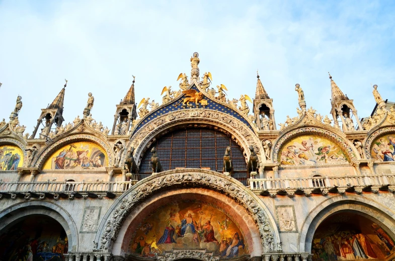a group of people standing in front of a building, a mosaic, inspired by Quirizio di Giovanni da Murano, shutterstock, baroque, golden pauldrons, skies behind, holy place, viewed from the ground