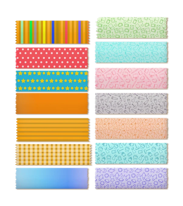 a bunch of different colored papers on a black background, spritesheet, laces and ribbons, background with complex patterns, rectangular