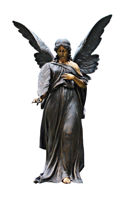 a statue of an angel holding a fan, a statue, zbrush central, art nouveau, full body; front view, ashford black marble sculpture, bronze statue, ultra realistic”