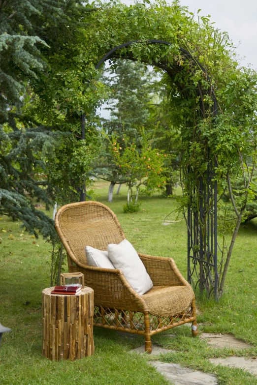 a wicker chair sitting on top of a lush green field, a portrait, by Ivan Grohar, shutterstock, willow trees, reading nook, philippe starck, romanian