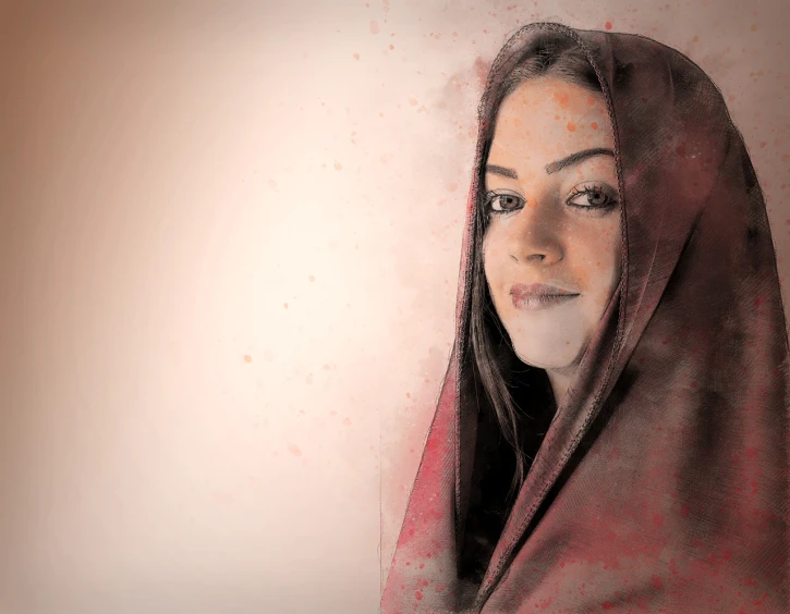 a woman with a veil over her head, a digital painting, inspired by Abdur Rahman Chughtai, art photography, portrait of happy a young woman, thick dust and red tones, watercolor style, afghan girl