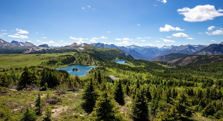 a scenic view of a lake surrounded by mountains, a photo, flickr, high above treeline, colorado, overlooking a valley with trees, shot on 1 6 mm