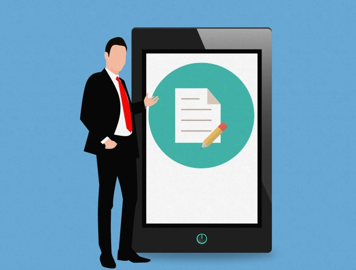 a man standing next to a tablet with a piece of paper on it, pixabay, computer art, captured on iphone, various posed, presentation, confidential documents