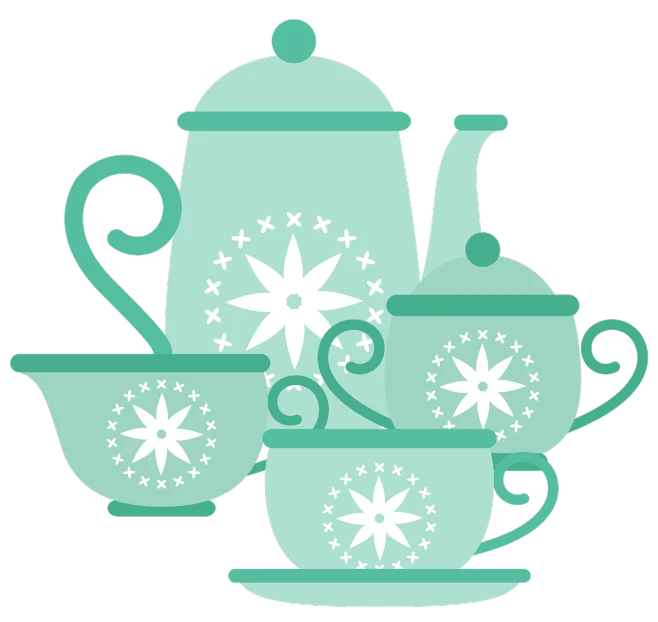 a tea pot and two cups with snowflakes on them, vector art, pixabay, cloisonnism, sea green color theme, 5 0's diner, various posed, star