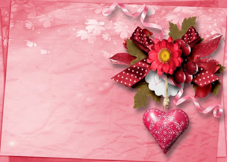 a bouquet of flowers and a heart on a pink background, inspired by Cindy Wright, wallpaper!, red ribbon, high détails, header