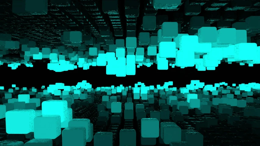 a bunch of cubes that are floating in the air, digital art, digital art, black and cyan color scheme, convoluted halls, blue and black color scheme)), green matrix light