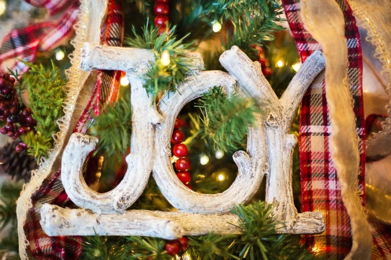 a close up of a christmas ornament on a tree, inspired by Joy Garnett, pexels, folk art, detailed letters, branches wrapped, wood ornaments, joyful look