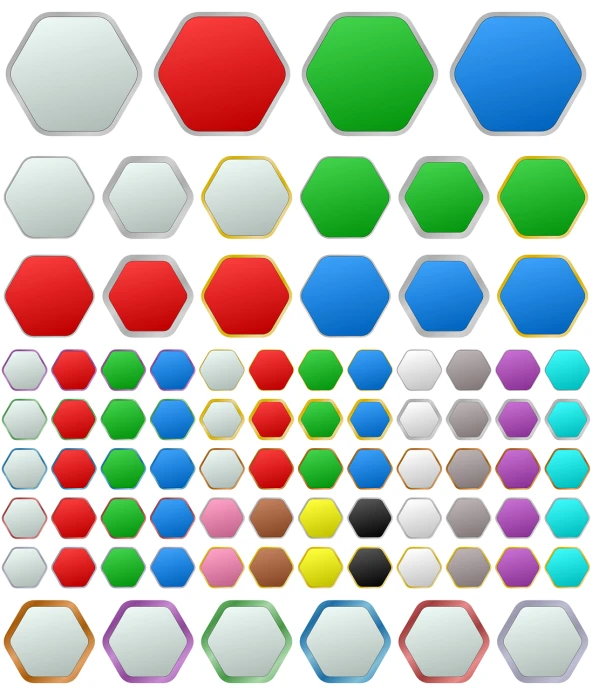 a bunch of different colored hexagons on a white background, dau-al-set, metallic buttons, highly detailed rounded forms, many windows, buttons