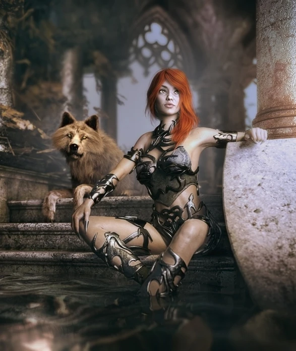 a woman sitting on a set of stairs next to a lion, a character portrait, inspired by Luis Royo, trending on cg society, fantasy art, wearing witchblade armor, female redhead templar, female anthropomorphic wolf, video game render