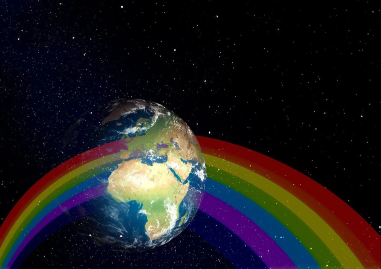 a picture of the earth with a rainbow in the background, a digital rendering, light and space, detailed image, in a space starry, rainbow diffraction, ( ( dark skin ) )