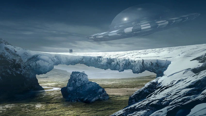 a couple of people standing on top of a snow covered mountain, a matte painting, space art, of a ufo propulsion system, hollow earth, photomanipulation, beach on the outer rim