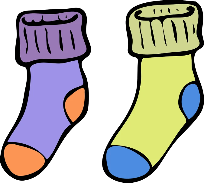 a pair of socks sitting next to each other, a cartoon, pixabay, pop art, ultraviolet and neon colors, cold secondary colors, purple and black clothes, clean spot color
