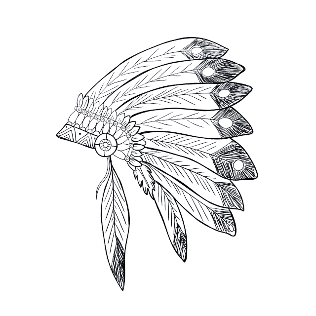 a black and white drawing of an indian headdress, a digital rendering, on a flat color black background, embroidery, mesh headdress, -w 1024