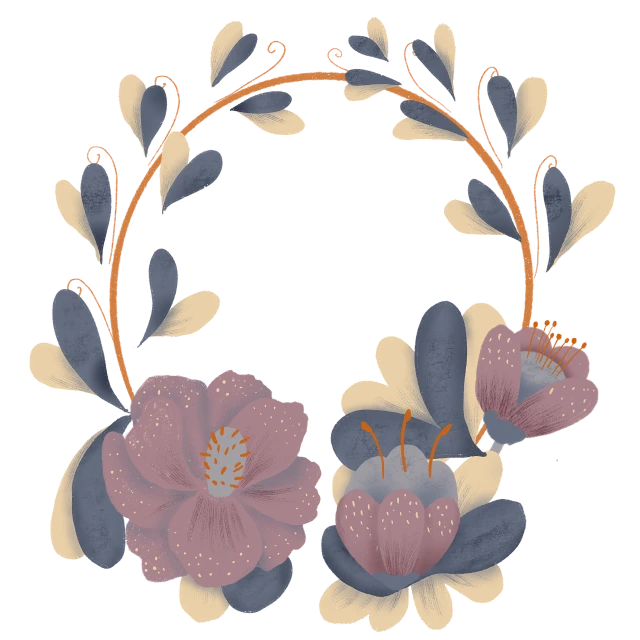 a wreath of flowers on a black background, a digital painting, inspired by Emily Murray Paterson, art nouveau, simple stylized, mediumslateblue flowers, gushy gills and blush, intricate details illustration