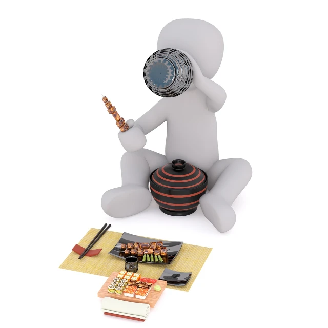 a person sitting next to a bowl of sushi and chopsticks, a picture, inspired by Watanabe Shōtei, 3 d render of a shaman, toy photo, wikihow illustration, stock photo