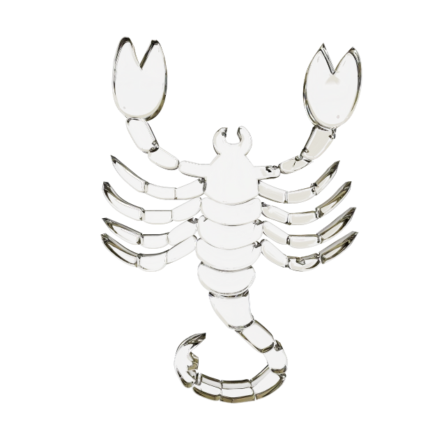 a close up of a scorpion on a white background, 3 d metallic ceramic, mulato, badge, many arms