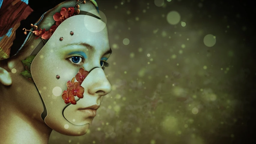 a close up of a person with a painted face, digital art, inspired by Alberto Seveso, deviantart contest winner, digital art, humanoid flora, steampunk digital art, full - view, dreaming face