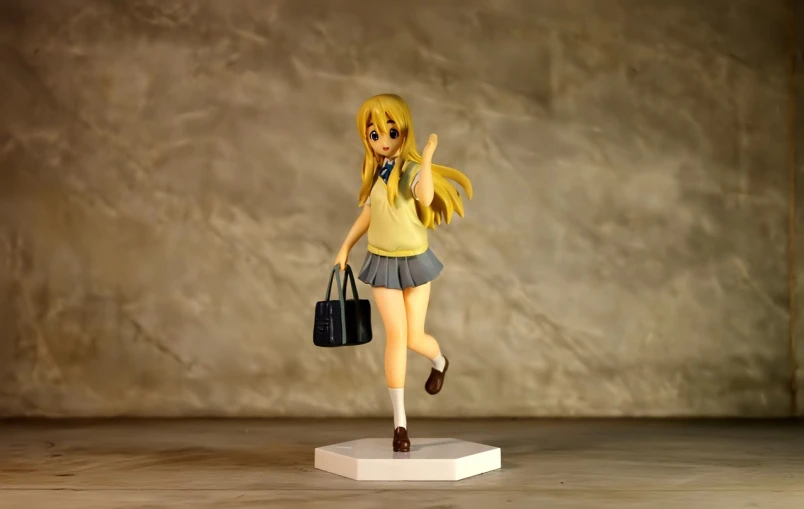 a figurine of a woman holding a purse, inspired by Narashige Koide, pixiv contest winner, running pose, wearing school uniform, with long blond hair, ; wide shot