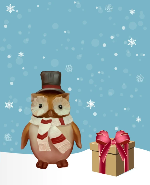 an owl wearing a hat and scarf next to a present, an illustration of, wide shot photo, cartoon style illustration, snow, bow