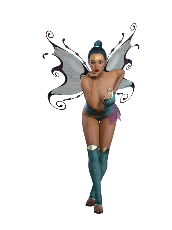 a woman dressed as a fairy standing in front of a black background, a 3D render, inspired by Roberto Ferri, zbrush central contest winner, butterfly, girl pinup, various posed, 8k octae render photo