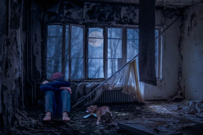 a person sitting on a chair next to a dog, inspired by Gregory Crewdson, pexels contest winner, digital art, in the moon, abandoned asylum, blue mood, post apocalyptic scene