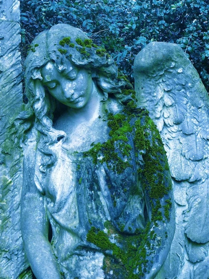 a statue of an angel with moss growing on it, pixabay, ((greenish blue tones)), digital art - w 640, southern gothic art, stone relief