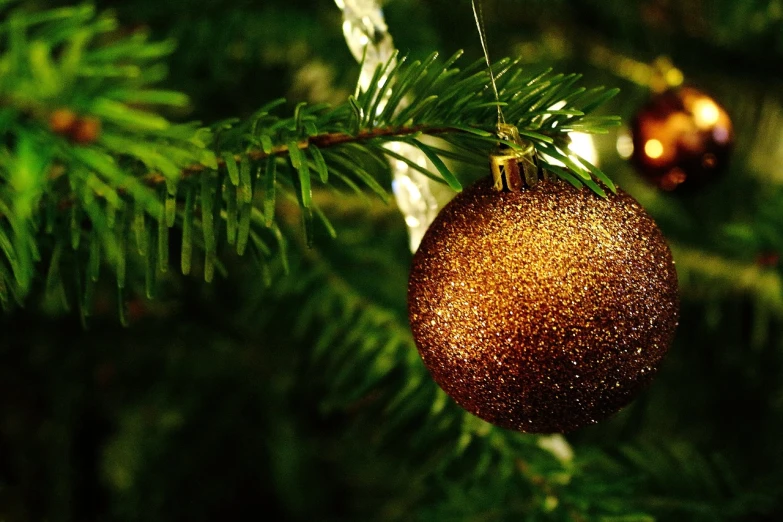 a close up of a christmas ornament on a tree, a picture, by Stefan Gierowski, pexels, brown and gold, wikimedia commons, banner, true realistic image