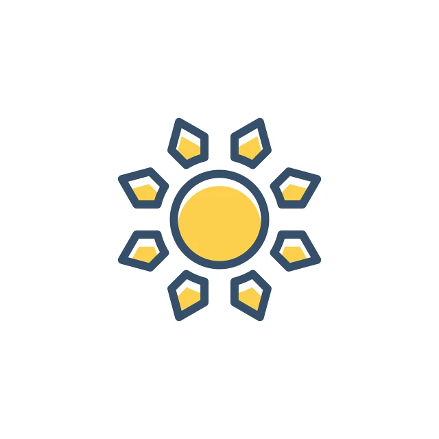 a yellow and blue sun on a white background, by Xul Solar, minimalism, webdesign icon for solar carport, warm tone, jewelry, variable lighting