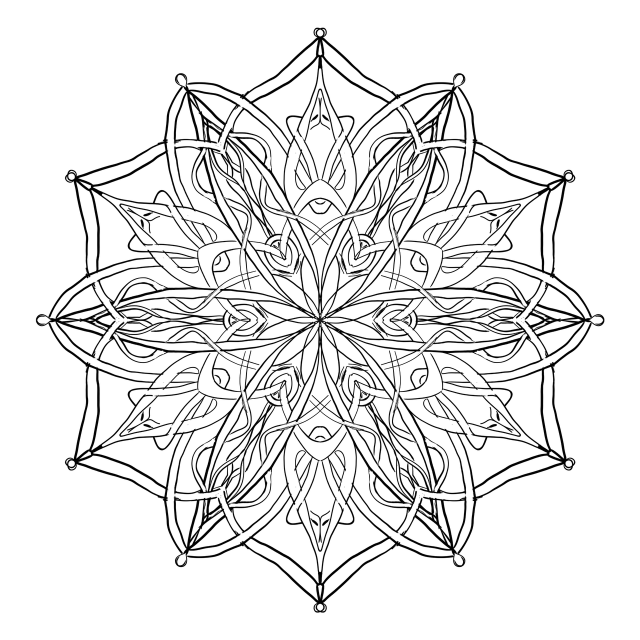 a black and white drawing of a flower, lineart, by Andrei Kolkoutine, unsplash, generative art, yantra, dark flower pattern wallpaper, solid black #000000 background, black-water-background