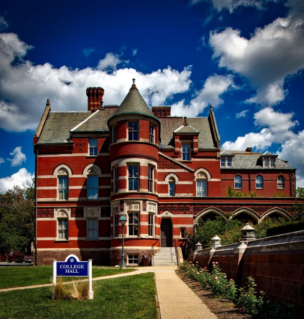 a red brick building with a blue sign in front of it, inspired by William Holmes Sullivan, flickr, heidelberg school, beautiful!!!! museum photo, new england architecture, extreme quality masterpiece, lunatic asylum