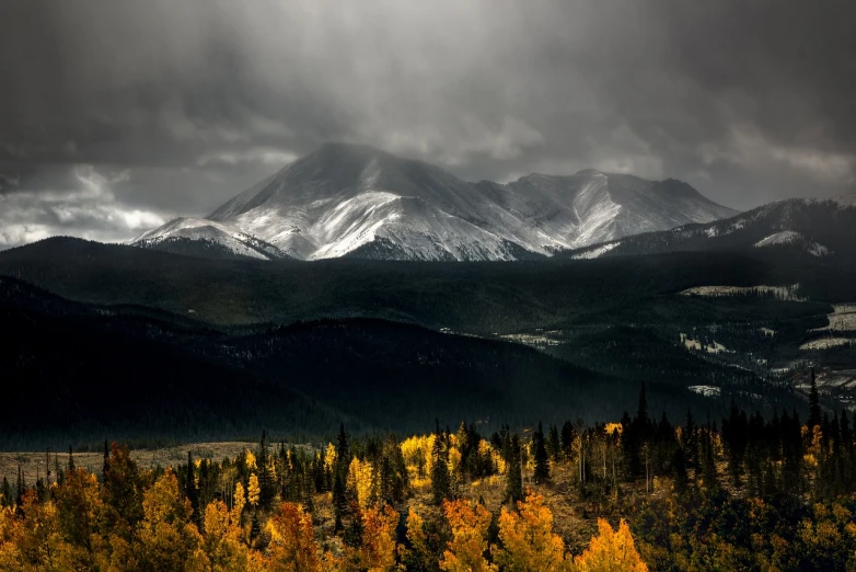 a view of a mountain range with trees in the foreground, by Alexey Merinov, unsplash contest winner, stormy snowy weather, draped in shiny gold and silver, tundra, in fall