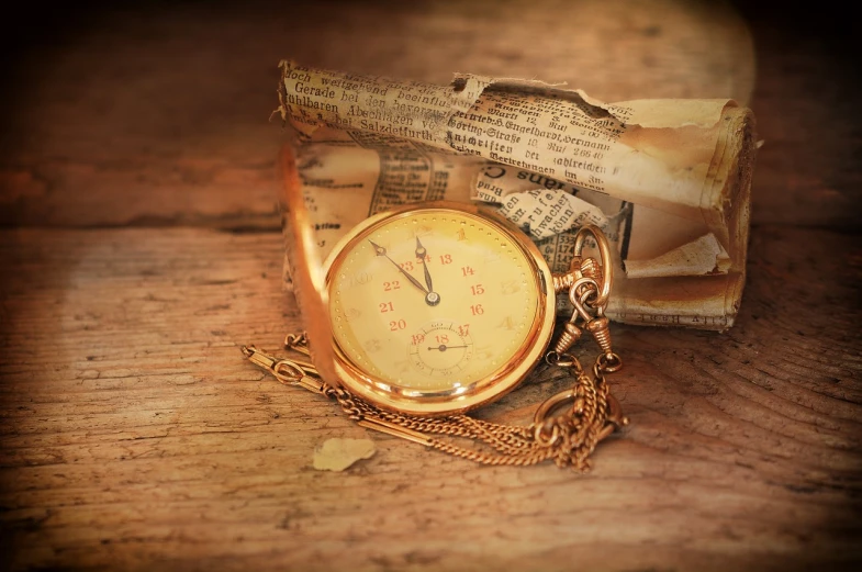 a pocket watch sitting on top of a wooden table, a picture, trending on pixabay, assemblage, cardboard, golden time, profile pic, reading