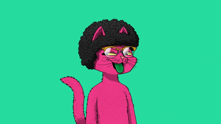 a drawing of a cat wearing a hat and glasses, inspired by Victor Moscoso, trending on behance, samurai with afro, bobs burgers, pink girl, alexey egorov