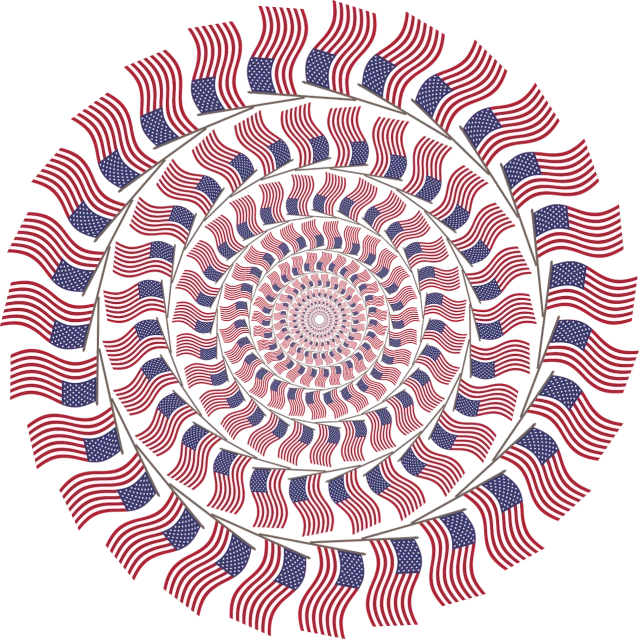 a red, white and blue circular design on a black background, digital art, by Jon Coffelt, american flags, hypnotized, worms intricated, us flag