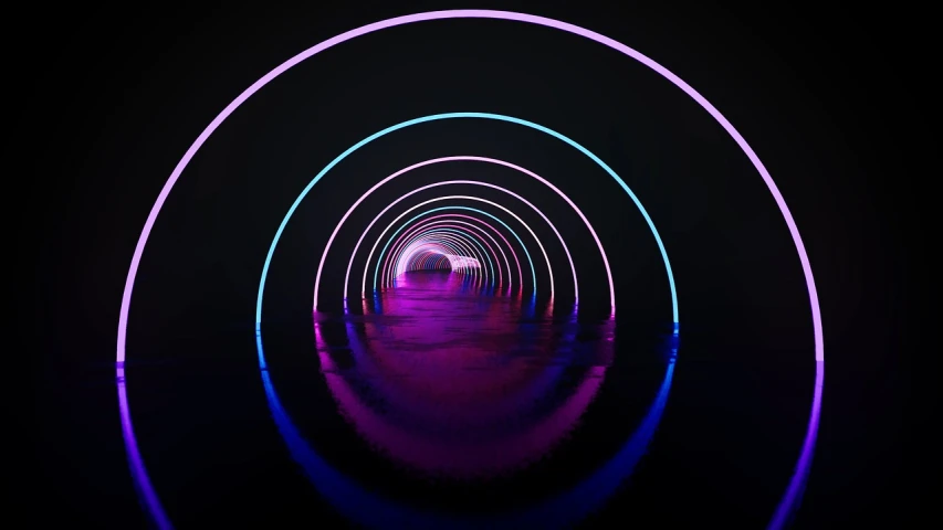 a dark tunnel with purple and blue lights, interactive art, circle, instagram post, hypnosis, purple tubes