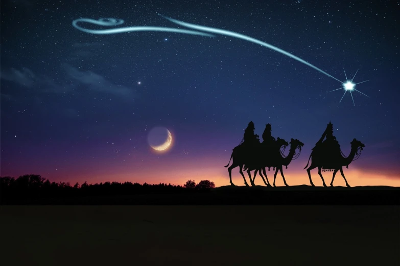 three people riding on the backs of three camels, an illustration of, by Krzysztof Boguszewski, shutterstock, realism, under the silent night sky, holy lights, space photo, still photograph