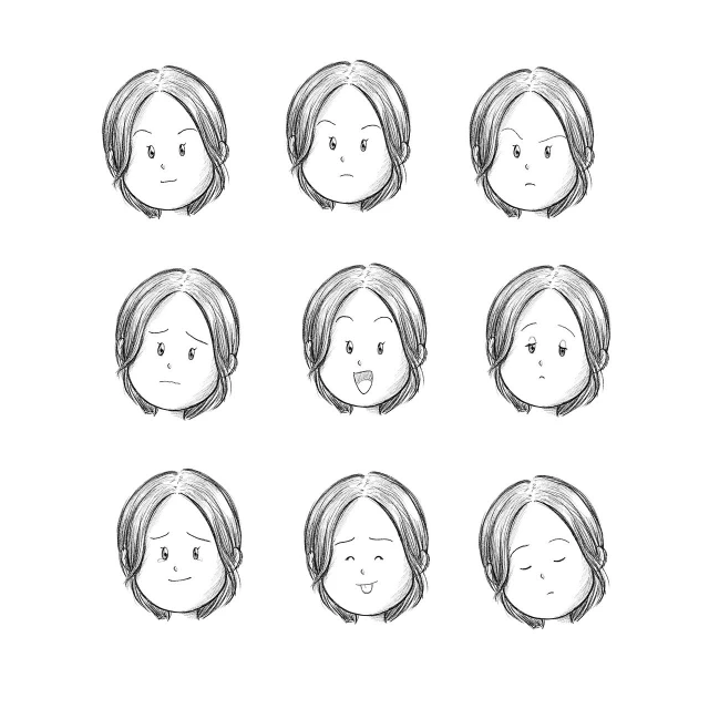 a drawing of a woman's face with different expressions, a character portrait, charicature, rounded face, comic character design, screentone shading