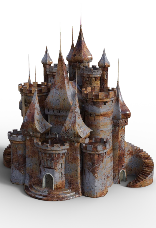 a castle with a spiral staircase going up to it, polycount contest winner, renaissance, highly detailed hyper real retro, rusty metal towers, very very very highly detailed, ugly highly detailed