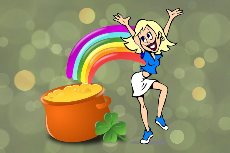 a woman jumping in the air next to a pot of gold, an illustration of, by Jim Davis, pixabay contest winner, blonde girl, soap, irish, stew