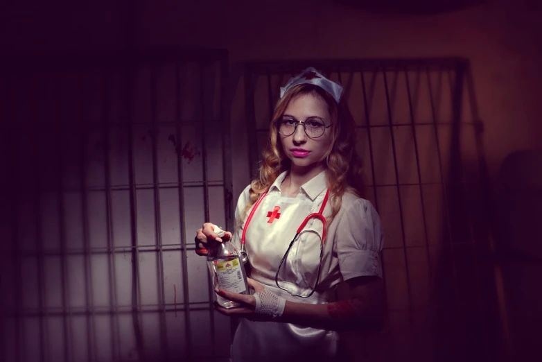 a woman dressed as a nurse holding a bottle, inspired by Hendrick Terbrugghen, flickr, silent hill game, worksafe. instagram photo, russian lab experiment, in prison