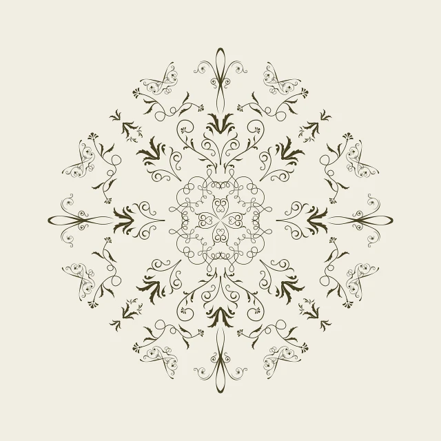 a black and white drawing of a snowflake, vector art, fine art, butterfly embroidery, chocolate. intricate background, on a pale background, round design